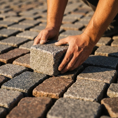 Close-up of granite cobblestones being laid by a construction worker, focus on texture and precision