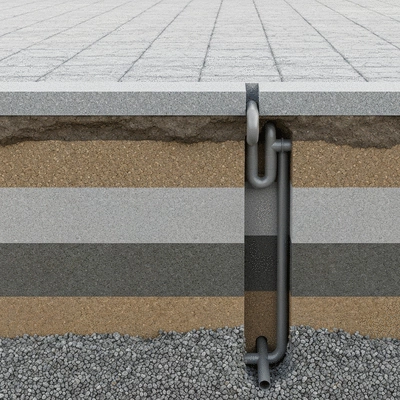 Cross-section of a durable driveway foundation with layers of compacted materials and drainage pipes
