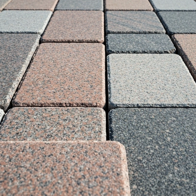 Close-up of granite paving stones in various colors and patterns
