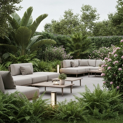 Modern garden patio with comfortable outdoor furniture, lush greenery, and soft lighting, perfect for relaxation