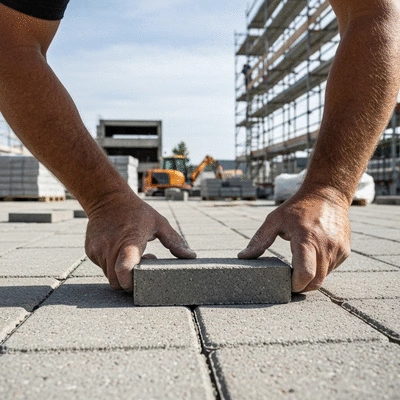 Close-up of a worker's hands placing a paving stone, showing precision and care, clean image, no text, no words, no typography