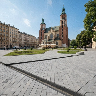 Modern paving stones being laid in a city park in Krakow, Poland