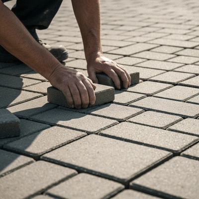 Close-up of hands laying paving stones, demonstrating craftsmanship and attention to detail