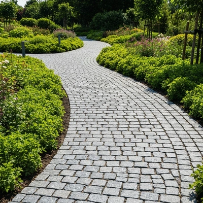 Modern garden path made of granite cobblestones with green foliage around, sunny day, clean image