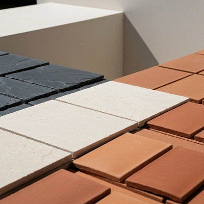 Detailed close-up of different types of paving stones (granite, concrete, clinker) arranged neatly for comparison