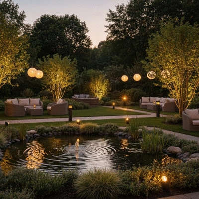 Beautifully lit garden at dusk with decorative lighting, a small pond, and comfortable seating