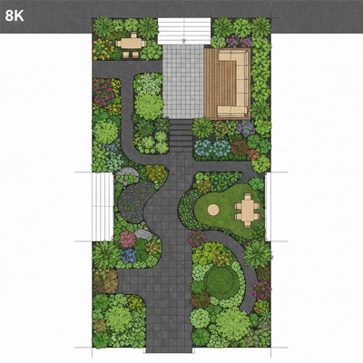 Detailed plan drawing of a garden layout with plants, pathways, and seating areas