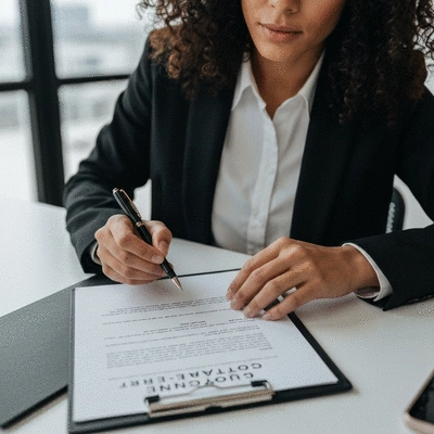 Person reviewing a contract with a pen, close up of hands and document