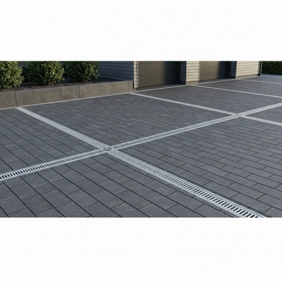 Modern driveway design with precise measurements and drainage systems