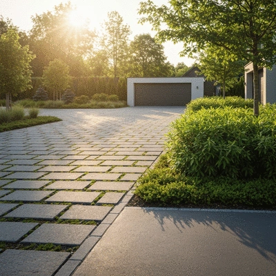 Modern paved driveway with natural stone pavers and green landscaping