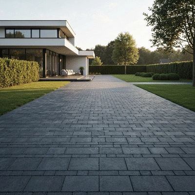 Modern driveway made of paving stones in front of a house, clean image, no text, no words, no typography